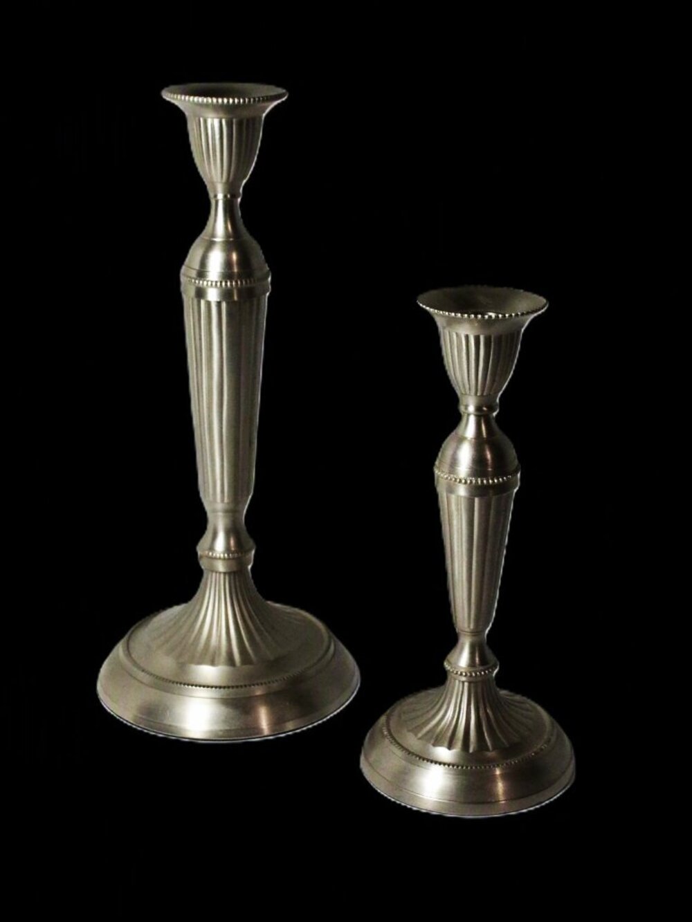 Pair Vintage Taper Candleholders Neo Classical Design Home Decor Pewter Like